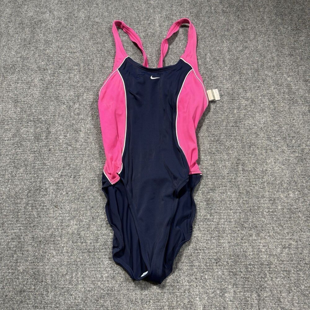 Nike One Piece Swimsuit Womens 12 Blue Pink Racerback Athletic Logo Swim Beach